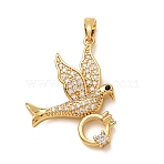 Brass Micro Pave Clear Cubic Zirconia Pendants, with Black Enamel, Pigeon with Ring Charms, Real 18K Gold Plated, 29x21x4mm, Hole: 4.5x2.5mm(CU-CBA97F2-08G)