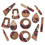 Walnut Wood & Transparent Resin & Gold Foil Pendants, Mixed Shapes Charm, Red, 28.5~56x7.5~38.5x2.5~3.5mm, Hole: 1.5~2mm, about 14pcs/set(WD-CBA583A-07)