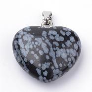 Natural Snowflake Obsidianl Pendants, with Alloy Findings, Heart, Platinum, 27~29x28x11mm, Hole: 3.5x5mm(G-S219-18A)