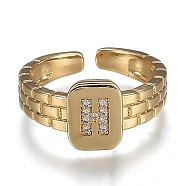 Brass Micro Pave Clear Cubic Zirconia Cuff Rings, Open Rings, Cadmium Free & Lead Free, Rectangle, Golden, Letter.H, US Size 6 1/4, Inner Diameter: 16.8mm(RJEW-H538-02G-H)