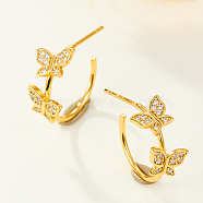 925 Sterling Silver Micro Pave Cubic Zirconia C Shaped Stud Earrings, Butterfly, Golden, 7mm(FR8604-1)