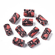 Handmade Polymer Clay Beads, Column with Jewelry Crafts Pattern, Red, 11x6~7.5mm, Hole: 2~3mm(CLAY-N008-046-10)