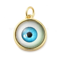 Real 18K Gold Plated Brass Pendants, with Acrylic and Jump Ring, Flat Round with Evil Eye Charms, Deep Sky Blue, 16x14x5.5mm, Hole: 3.4mm(KK-A198-03G-04)