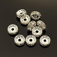 Brass Rhinestone Spacer Beads, Grade AAA, Straight Flange, Nickel Free, Silver Color Plated, Rondelle, Crystal, 10x4mm, Hole: 2mm(X-RB-A014-Z10mm-01S-NF)