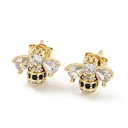Bees Real 18K Gold Plated Brass Stud Earrings, with Cubic Zirconia, Clear, 9x11.5mm(EJEW-L269-089G)