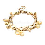 Plastic Pearl Shell and Round Ball Charm Multi-strand Bracelet, Vacuum Plating 304 Stainless Steel Double Layered Chains Bracelet for Women, Golden, 7-1/2 inch(19cm)(BJEW-G639-27G)