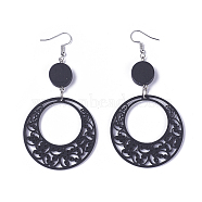 Wood Dangle Earrings, with Platinum Tone Iron Earring Hooks, Flat Round, Black, 89mm, Flat Round: 14mm and 44mm, Pin: 0.5mm(EJEW-L219-D01)
