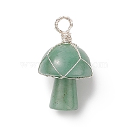 Natural Green Aventurine Pendants, Silver Plated Copper Wire Wrapped Mushroom Charms, 30~30.5x16.5~17.5mm, Hole: 4.5~5mm(PALLOY-JF01990-02)