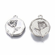 Rack Plating Alloy Enamel Pendants, Cadmium Free & Lead Free, Platinum, Flat Round with Rose, White, 21.5x18.5x5.5mm, Hole: 1.6mm(ENAM-N060-18-03P)