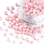 6/0 Glass Seed Beads, Dyed & Heated, Opaque Colours Luster, Round Hole, Round, Pink, 4~5x3~4mm, Hole: 1.2mm, about 450g/pound(SEED-N005-002A-F01)