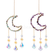 Globleland 2Pcs 2 Style Natural Gemstone Chips Beaded Moon Wind Chimes, Faceted Octagon & Maple Leaf Suncatchers, Rainbow Maker, with Iron Findings, 450mm, Hole: 11mm, 1pc/style(HJEW-GL0001-06)