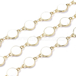 Handmade Alloy Enamel Flat Round Link Chains, with Spool, Soldered, Long-Lasting Plated, Lead Free & Cadmium Free, Golden, White, 13x8x2.3mm, about 16.4 Feet(5m)/roll(ENAM-F138-03E-RS)