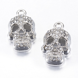 Alloy Rhinestone Pendants, Skull, Platinum, 25x15x7mm, Hole: 2.5mm(X-ALRI-S165-03P)