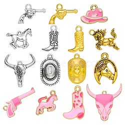 60Pcs 15 Styles West Cowboy Alloy Pendants, Mixed Color, 11.5~34x11~32x2~6mm, Hole: 1.7~3mm, 4pcs/style(FIND-SZ0019-69)