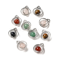 Natural & Synthetic Mixed Gemstone Pendants, Rotatable Round Bead Charms with Brass Findings, Platinum, 29x24x12~13mm, Hole: 4x3mm(G-H307-06P)