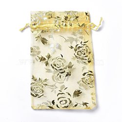 Organza Drawstring Jewelry Pouches, Wedding Party Gift Bags, Rectangle with Gold Stamping Rose Pattern, Champagne Yellow, 15x10x0.11cm(OP-I001-C03)