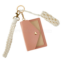 Cotton Macrame Pouch Pendant Decorations, with PU Leather Photocard Sleeve Keychain and Nylon Cord Knitted Pendant Decorations, Pink, 156~190mm(AJEW-CN0003-46A)