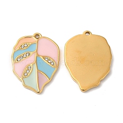 Real 18K Gold Plated 304 Stainless Steel Rhinestone Pendants, with Enamel, Leaf Charms, Peru, 21.5x16x2mm, Hole: 1mm(STAS-A084-31G-03)