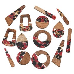 Walnut Wood & Transparent Resin & Gold Foil Pendants, Mixed Shapes Charm, Red, 28.5~56x7.5~38.5x2.5~3.5mm, Hole: 1.5~2mm, about 14pcs/set(WD-CBA583A-07)