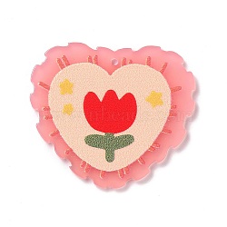 Embossed Printed Acrylic Pendants, Heart with Flower Pattern, Pink, 32.5~33x37.5~38x2.5mm, Hole: 1.6mm(MACR-O044-06C)