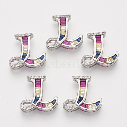 Brass Cubic Zirconia Slide Charms, Real Platinum Plated, Colorful, Letter, Letter.L, 18x19x6mm, Hole: 1.5x4mm and 1.5x7mm(ZIRC-S063-01L-P)