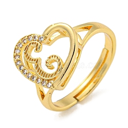 Heart with Letter Rack Plating Brass Micro Pave Cubic Zirconia Adjustable Rings for Women, Lead Free & Cadmium Free, Real 18K Gold Plated, Letter E, Inner Diameter: 16mm(RJEW-I105-06G-E)