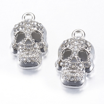 Alloy Rhinestone Pendants, Skull, Platinum, 25x15x7mm, Hole: 2.5mm