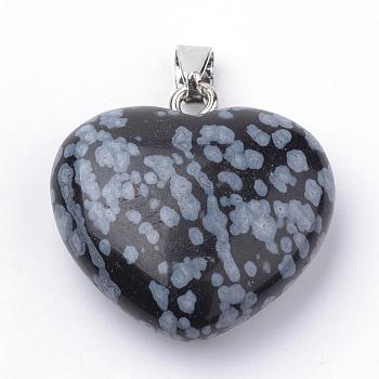 Natural Snowflake Obsidianl Pendants, with Alloy Findings, Heart, Platinum, 27~29x28x11mm, Hole: 3.5x5mm