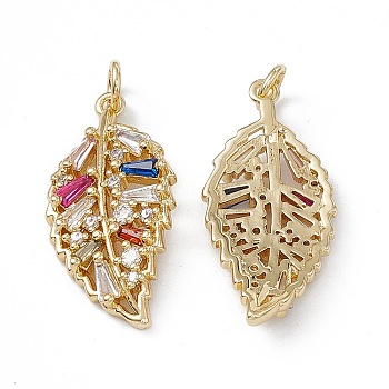 Brass Colorful Cubic Zirconia Pendants, with Jump Ring, Leaf Charms, Real 18K Gold Plated, 27.5x13x3mm, Hole: 3mm