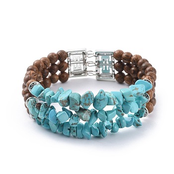 Three Loops Synthetic Turquoise(Dyed) Chip Beads Wrap Bracelets, with Wood Beads, Alloy Findings and Steel Bracelet Memory Wire, 2-1/8 inch(5.4cm)