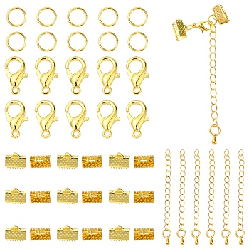 50 Pieces DIY Ribbon Ends Making Kits, Including Iron Ribbon Crimp Ends & Unsoldered Jump Rings, Zinc Alloy Lobster Claw Clasps, Brass Chain Extenders, Golden, 7x10mm