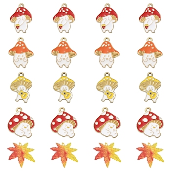 20Pcs 5 Style Autumn Theme Alloy Enamel Pendants, Maple Leaf & Mushroom Elf, Mixed Color, 22~25x16.5~22x1~1.5mm, Hole: 1.2~1.8mm, 4pcs/style