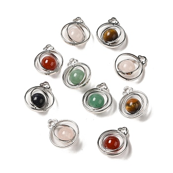 Natural & Synthetic Mixed Gemstone Pendants, Rotatable Round Bead Charms with Brass Findings, Platinum, 29x24x12~13mm, Hole: 4x3mm