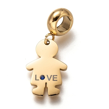 304 Stainless Steel European Dangle Charms, Large Hole Pendants, for Valentine's Day, with Sapphire Rhinestone, Boy & Word Love, Golden, 25mm, Hole: 4.5mm, Pendant: 16.5x11.5x1.5mm