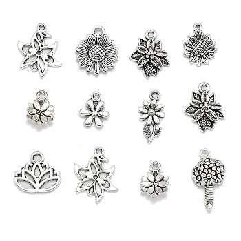 Tibetan Style Alloy Pendants, Flower, Mixed Style, Antique Silver, 8~65x6~47x1~8mm, Hole: 1~11x8mm