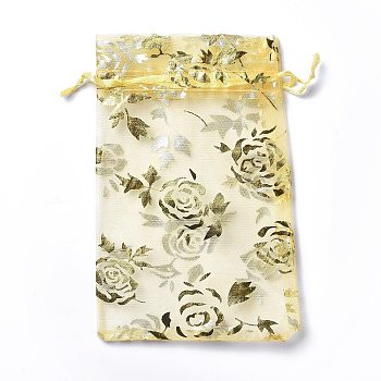 Organza Drawstring Jewelry Pouches, Wedding Party Gift Bags, Rectangle with Gold Stamping Rose Pattern, Champagne Yellow, 15x10x0.11cm