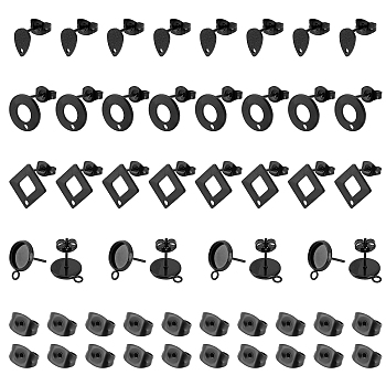 32Pcs 4 Style 304 Stainless Steel Stud Earring Findings for Dangle Charms, with 20Pcs 304 Stainless Steel Ear Nut, Electrophoresis Black, 6~13.5x4.5~13.5x2~5mm, Hole: 0.8~1.8mm, 8pcs/style