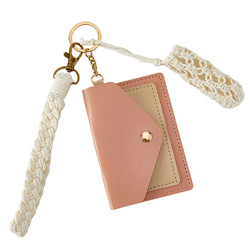 Cotton Macrame Pouch Pendant Decorations, with PU Leather Photocard Sleeve Keychain and Nylon Cord Knitted Pendant Decorations, Pink, 156~190mm
