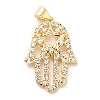 Rack Plating Brass Micro Pave Clear Cubic Zirconia Pendants, Cadmium Free & Lead Free, Long-Lasting Plated, Hamsa Hand/Hand of Miriam with Star, Real 18K Gold Plated, 29x19x3.5mm, Hole: 4x3.5mm