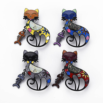 Fox with Fishbone Enamel Pin, Animal Alloy Brooch with Stickers for Backpack Clothes, Electrophoresis Black, Nickel Free & Lead Free, Mixed Color, 47x29x10mm, Pin: 0.8mm