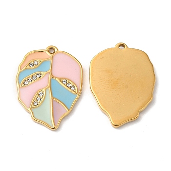 Real 18K Gold Plated 304 Stainless Steel Rhinestone Pendants, with Enamel, Leaf Charms, Peru, 21.5x16x2mm, Hole: 1mm