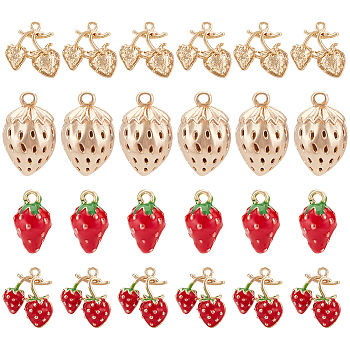 8Pcs 4 Styles Brass Charms, with Enamel, Strawberry, Real 18K Gold Plated, 10.5~20x7~12x4~11mm, Hole: 0.9~2mm, 2pcs/style