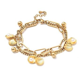 Plastic Pearl Shell and Round Ball Charm Multi-strand Bracelet, Vacuum Plating 304 Stainless Steel Double Layered Chains Bracelet for Women, Golden, 7-1/2 inch(19cm)