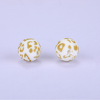 Printed Round with Leopard Print Pattern Silicone Focal Beads, Light Yellow, 15x15mm, Hole: 2mm