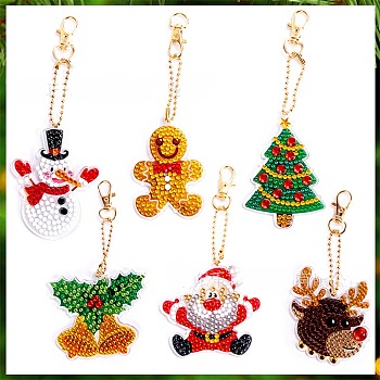 Christmas Theme DIY Diamond Painting Keychain Kit, Including Acrylic Board, Keychain Clasp, Bead Chain, Resin Rhinestones Bag, Diamond Sticky Pen, Tray Plate and Glue Clay, Mixed Shapes, 100x30mm, 6pcs/set