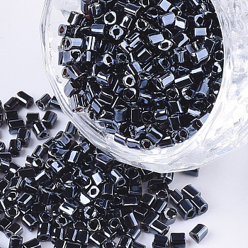 Electroplate 12/0 Glass Seed Beads, Square Hole, Cube, Prussian Blue, 2~6x2x2mm, Hole: 0.8mm, about 30000pcs/bag