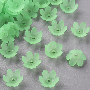 Frosted Acrylic Bead Caps, 6-Petal, Flower, Light Green, 14x6mm, Hole: 2mm, about 1660pcs/500g