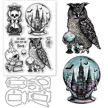 1Pc Halloween Magic Theme Carbon Steel Cutting Dies Stencils, with 1 Sheet VC Plastic Clear Stamps, for DIY Scrapbooking, Photo Album, Decorative Embossing Paper Card, Mixed Shapes, Stencils: 156x106x0.8mm, Stamps: 160x110x3mm