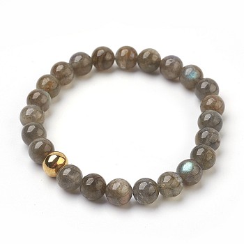 Natural Labradorite Beads Stretch Bracelets, with Stainless Steel Beads, Round, Burlap Packing, Golden, 2-1/8 inch(5.5cm), Bag: 12x8.5x3cm