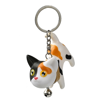 Resin Keychains, with PU Leather Decor and Alloy Split Rings, Cat Shape, Colorful, 9cm